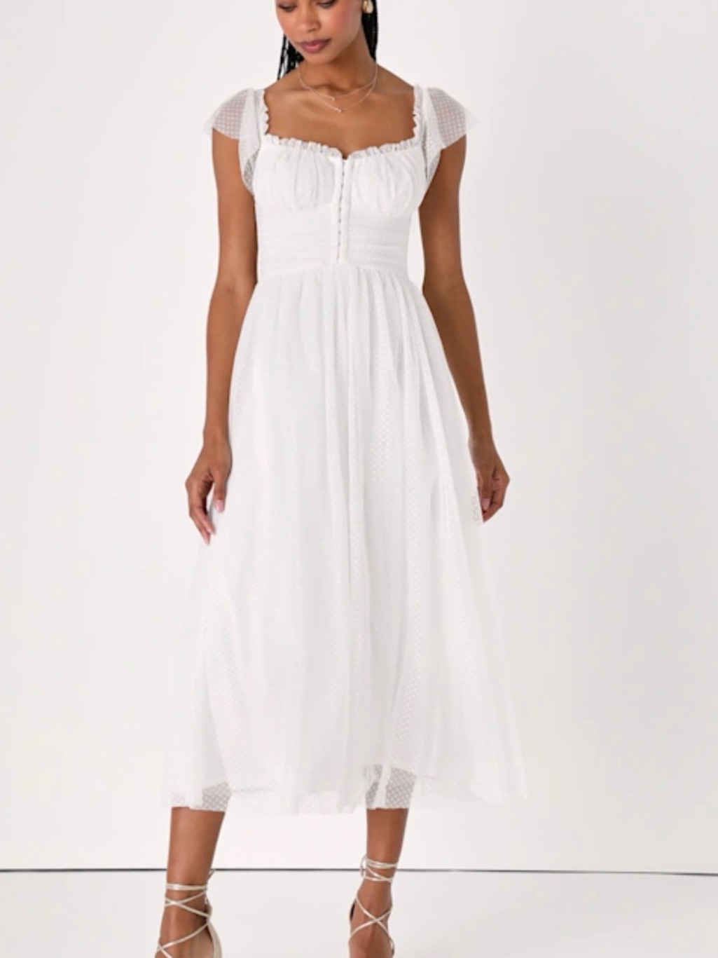 Lulu's White Swiss Dot Midi Dress With Cap Sleeves